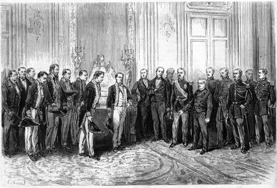O Presidente da República Francesa Adolphe Thiers (1797-1877) recebeu embaixadores japoneses no Palácio Elysee. Gravura no "Le Monde Illustré" n°821 de 4 de janeiro de French School