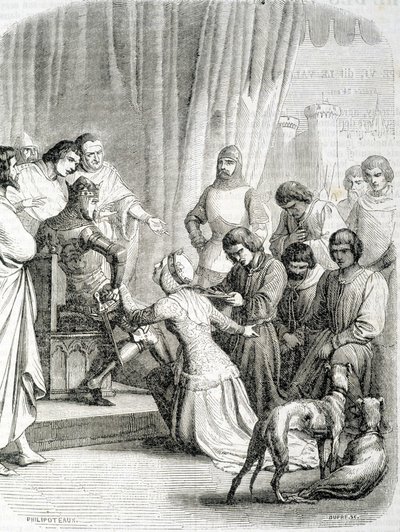 A Rainha de Inglaterra (Philippa de Hainaut) pede graças ao seu marido Eduardo III pelos habitantes de Calais (episódio dos 6 burgueses de Calais) de French School