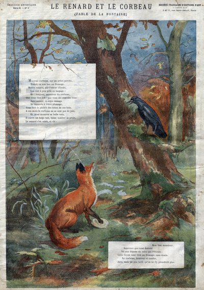 O Corvo e a Raposa. Fábulas de Jean de La Fontaine (1621-95). Ilustração do final do século XIX. de French School