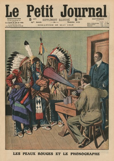 Os Redskins e o fonógrafo, ilustração da capa do &39;Le Petit Journal&39;, suplemento ilustrado, 25 de maio de 1913 (cor lito) de French School