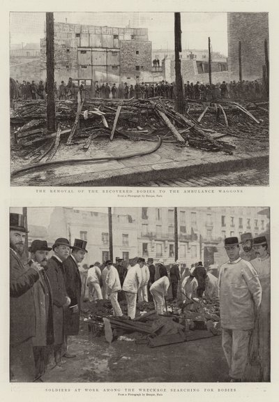 A remoção dos corpos recuperados para os vagões de ambulância, Soldados em Trabalho entre os destroços em busca de corpos (gravura) de French School