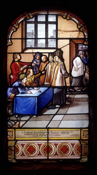 O Tribunal Revolucionário de Quimper condena estes confessores de fé à detenção seguida de exílio e deportação (1793-95) - vitrais da Igreja de Saint Germain em Kerlaz de French School