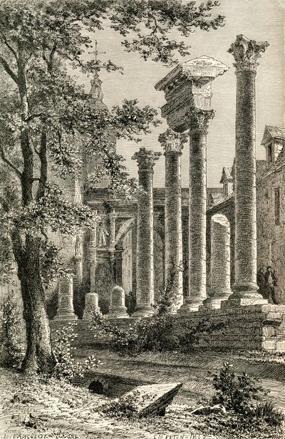 O Teatro Romano de Besançon, no século 19, de "Imagens francesas", do Rev. Samuel G. Green, publicado em 1878 (lito) de French School