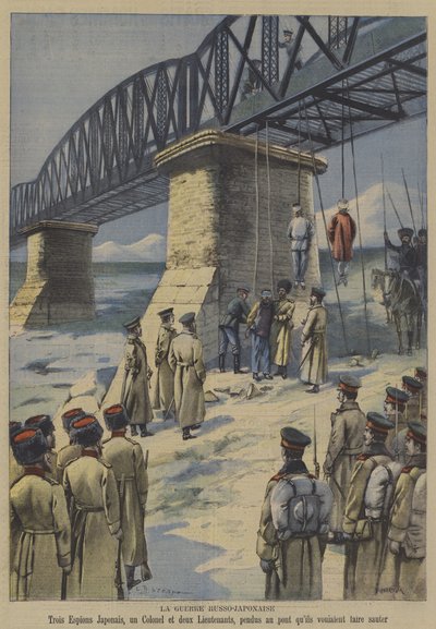 A Guerra Russo-Japonesa: tropas russas pendurando três sabotadores japoneses na ponte que planejavam explodir (cor litho) de French School