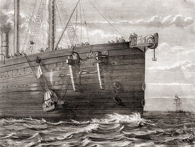 O S.S. Great Eastern lança uma bóia ao mar para marcar o local de um cabo telegráfico transatlântico perdido de French School