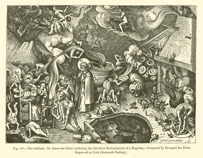 O Sábado: São Tiago, o Ancião, combatendo os Encantos Diabólicos de um Mago (gravura) de French School