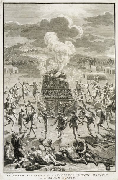 O Sacrifício de Quitchi-Manitou, ou O Grande Espírito, pelos canadenses, ilustração de cerimônias religiosas e costumes, gravada por Bernard Picart (1673-1733) 1723 de French School