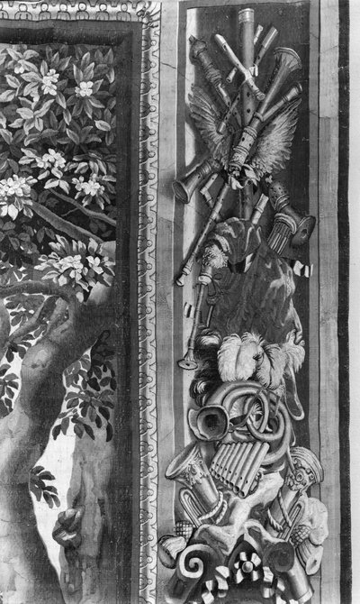 The Seasons Tapeçaria, fronteira, instrumentos musicais, c.1670, Gobelins Factory (detalhe) de French School