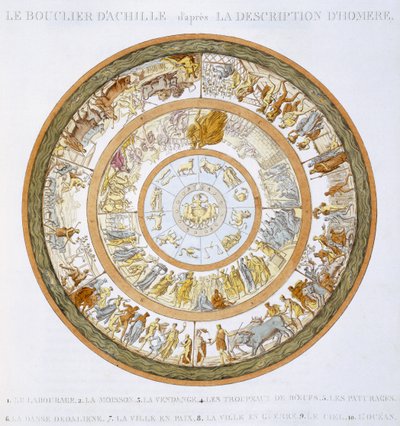 O escudo de Aquiles, após a descrição na Ilíada de Homero, 1815 (gravura colorida à mão) de French School