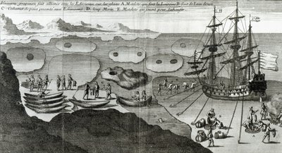 O navio que faz aliança com os esquimós, de "Histoire de l&39;Amerique Septentrionale" por Bacqueville de La Potherie (1663-1736), publicado em 1753 de French School