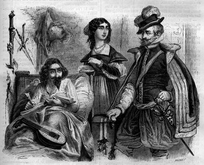 O escritor espanhol Miguel de Cervantes Saavedra (1547-1616) em casa, em 1614, rodeia sua esposa e o Conde de Lemos. Gravura de 1852. de French School