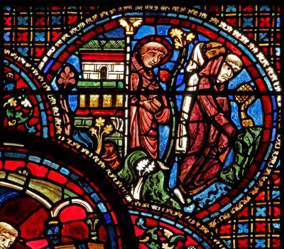 A janela de St Lubin: ele sai da igreja com dois monges (w45) de French School