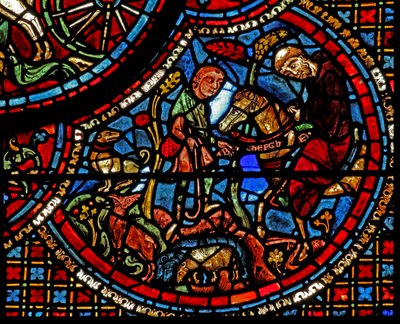 A janela de St Lubin: sua educação - um monge lhe dá um cinto com um alfabeto inscrito (w45) de French School