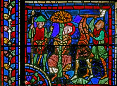 A janela de São Martinho: o santo é amarrado a uma árvore por dois bandidos (w20) de French School