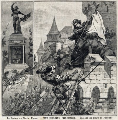 A Estátua de Marie Foure (esquerda): Catarina de Poix, conhecida como "Marie Foure" (século XVI), heroína francesa que defendeu a cidade de Peronne em 1536 durante a invasão das tropas militares de Carlos V. Em "Le Petit Parisien" em 01/08/1897. de French School