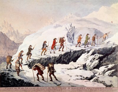 O naturalista suíço Horace Benedict (Horace-Benedict) de Saussure (1740-1799) e o guia de montanha francês Jacques Balmat fizeram a segunda subida do Mont Blanc em agosto de 1787. de French School