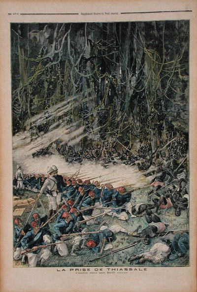 A tomada de Thiassale, a batalha na floresta tropical virgem, ilustração de Le Petit Journal, 26 de agosto de 1893 de French School