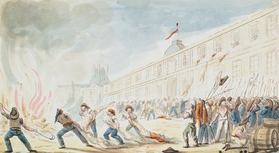 A tomada das Tulherias, 10 de agosto de 1792 (gravura a cores) de French School