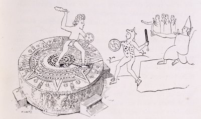 O Temalacati, ou Pedra Gladiatorial, do Codex Ramirez, de "As Antigas Cidades do Novo Mundo", de Claude-Joseph-Desire Charney, pub. 1887 de French School