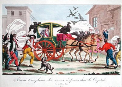 A Entrada Triunfal das Aves de Rapina na Capital, caricatura do regresso de Napoleão (1769-1821) a Paris, 20 de Março de 1815 (gravura a cores) de French School