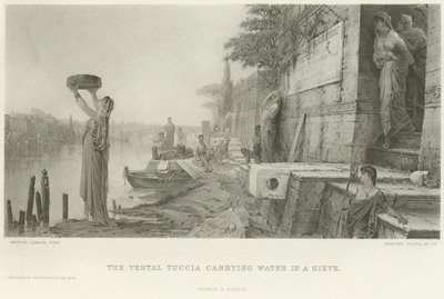 O Vestal Tuccia transportando água em uma peneira (gravura) de French School