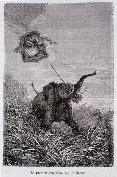 A Victoria rebocada por um elefante - em "Cinco Semanas em Balão", romance de Jules Verne de French School