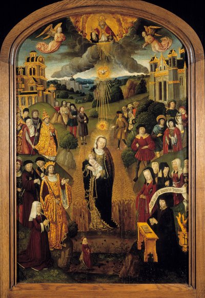 A Virgem com o Rei de Trigo Luís XII (1462-1515) e o Papa Alexandre VI (1431-1503) estão presentes. Deus Todo-Poderoso, segurando o Globo, abençoou a cena enquanto o Espírito Santo protegia a Virgem e o Menino. Pintura em madeira da Escola Francesa do 16º  de French School