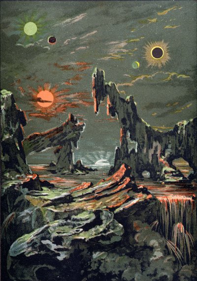 O Mundo das Quatro Luas e Quatro Sóis, ilustração da LAstronomie Populaire escrito por Camille Flammarion (1842-1925) 1881 de French School