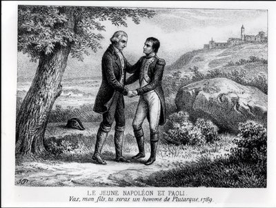 O jovem Napoleão Bonaparte (1769-1821) encontrando Pasquale Paoli (1725-1807) em 1789, de um livro sobre a Córsega de JA Galetti, Paris, 1863 de French School