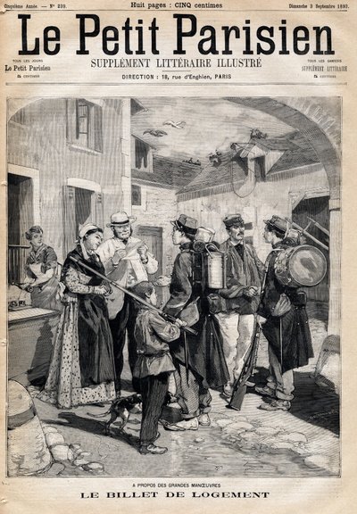 O bilhete de alojamento, que dá direito a uma cama e a uma vela, distribui aos soldados após os seus exercícios e grandes manobras. Um dos jornais " Le petit Parisien" em 3/09/1893 (gravura) de French School