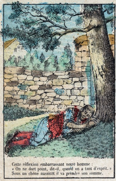 A bolota e a abóbora. Fábulas de Jean de La Fontaine (1621-95), imagens da Epinal do final do século XIX. de French School