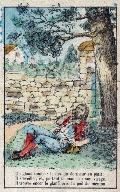 A bolota e a abóbora. Fábulas de Jean de La Fontaine (1621-95), imagens da Epinal do final do século XIX. de French School