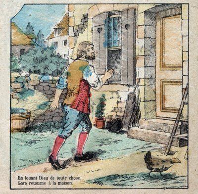 A bolota e a abóbora. Fábulas de Jean de La Fontaine (1621-95), imagens da Epinal do final do século XIX. de French School