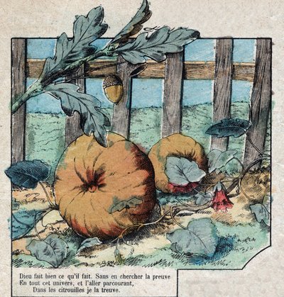 A bolota e a abóbora. Fábulas de Jean de La Fontaine (1621-95), imagens da Epinal do final do século XIX. de French School