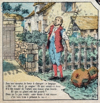 A bolota e a abóbora. Fábulas de Jean de La Fontaine (1621-95), imagens da Epinal do final do século XIX. de French School