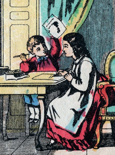 As actividades para raparigas de boas famílias: ajudar um irmãozinho nos seus trabalhos de casa - Foto epinal - século XIX (gravura) de French School