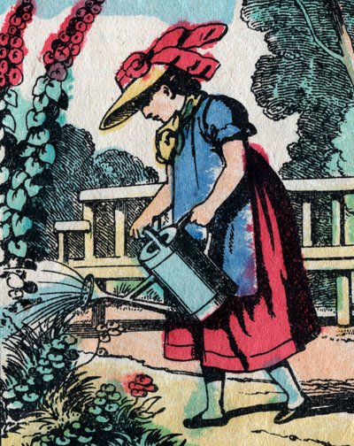 As actividades para raparigas de boas famílias: aprender jardinagem - Quadro epinal - século XIX (gravura) de French School