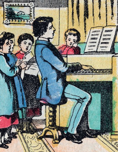 As actividades para raparigas de boas famílias: aprendizagem de música - Quadro epinal - Século XIX (gravura) de French School