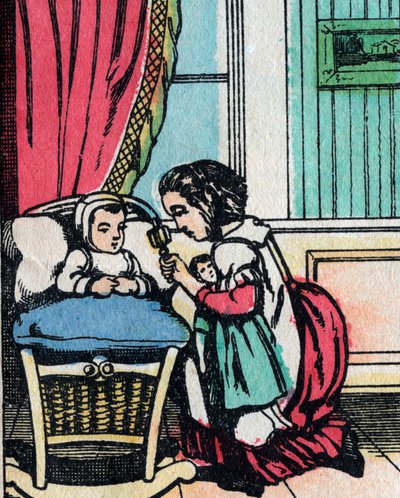 As actividades para raparigas de boas famílias: aprender a cuidar de bebés - Quadro epinal de French School
