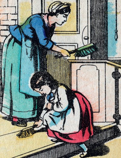 As actividades para raparigas de boas famílias: o trabalho doméstico - Quadro epinal - século XIX (gravura) de French School