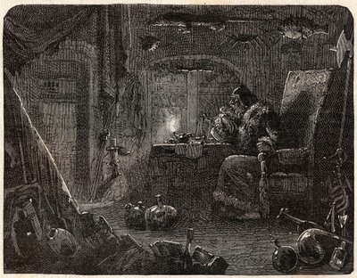 O alquimista, tendo prometido fazer ouro, trabalha no seu laboratório: o alquimista no século XVII - em "Paris a travers les cules" de Nicolas Jules Henri Gourdon de Kennouillac (1826-1898) de French School