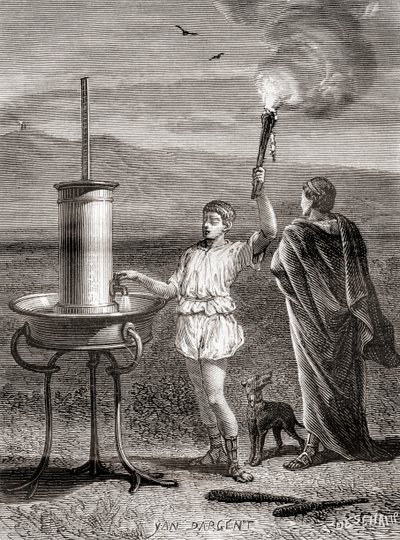 O antigo sistema semáforo hidráulico grego utilizado por Enéas para enviar uma mensagem, século IV a.C., de Les Merveilles de la Science, publicado c.1870 (gravura) de French School