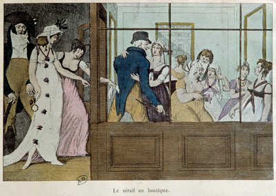 A loja de marcação: o serail na loja Uma casa de bordel no Palais Royal em Paris. Litografia do início do século XVIII Paris, artes decorativas de French School