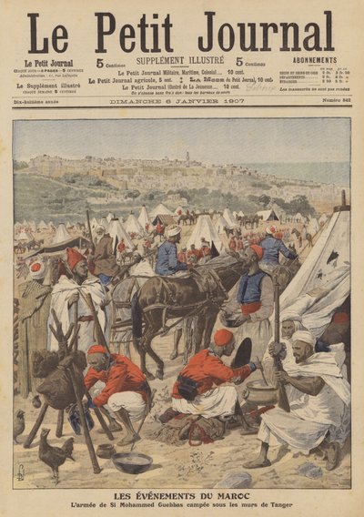 O exército de Mohammed Guebbas acampado sob as muralhas de Tânger, Marrocos (cor litho) de French School