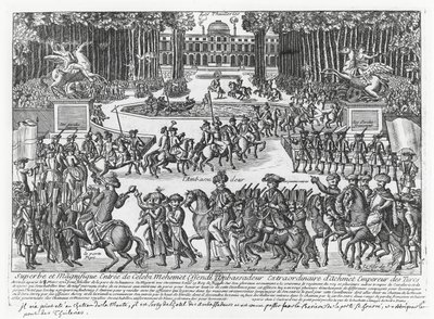 A chegada de Mehmed Celebi Efendi, embaixador do Sultão Ahmed III da Turquia, às Tuileries para ser recebido por Luís XV em 1721 (gravura) de French School