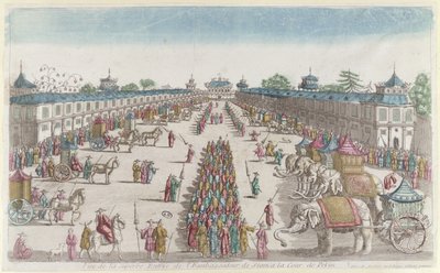 A chegada dos embaixadores siameses na Cidade Proibida em Pequim, em visita ao imperador da China, na segunda metade do século XVIII de French School