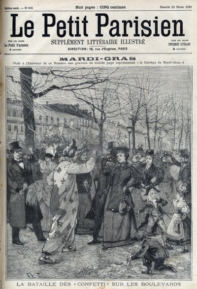 A batalha dos confetes na avenida parisiense durante o Carnaval (Mardi-Gras). Gravura em " Le petit Parisien" (O Petit Parisien) de French School