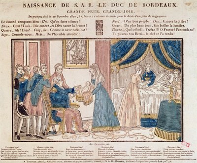 O nascimento de Henri Charles Ferdinand Marie Dieudonne da França, Duque de Bordeaux, Conde de Chambord em 29 de setembro de 1820 (gravura em madeira colorida) de French School
