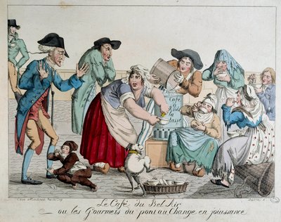 O Café du Bel Air ou os gourmets da Pont au Change apreciam os parisienses sem dinheiro bebendo café tem a xícara diante dos olhos assustados de um nobre. Impressão anónima do século XVIII. Paris, Musee Carnavalet de French School