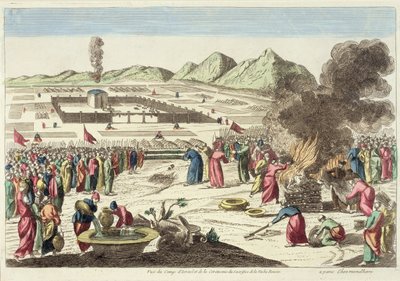 O acampamento dos israelitas e o sacrifício da vaca vermelha (gravura a cores) de French School